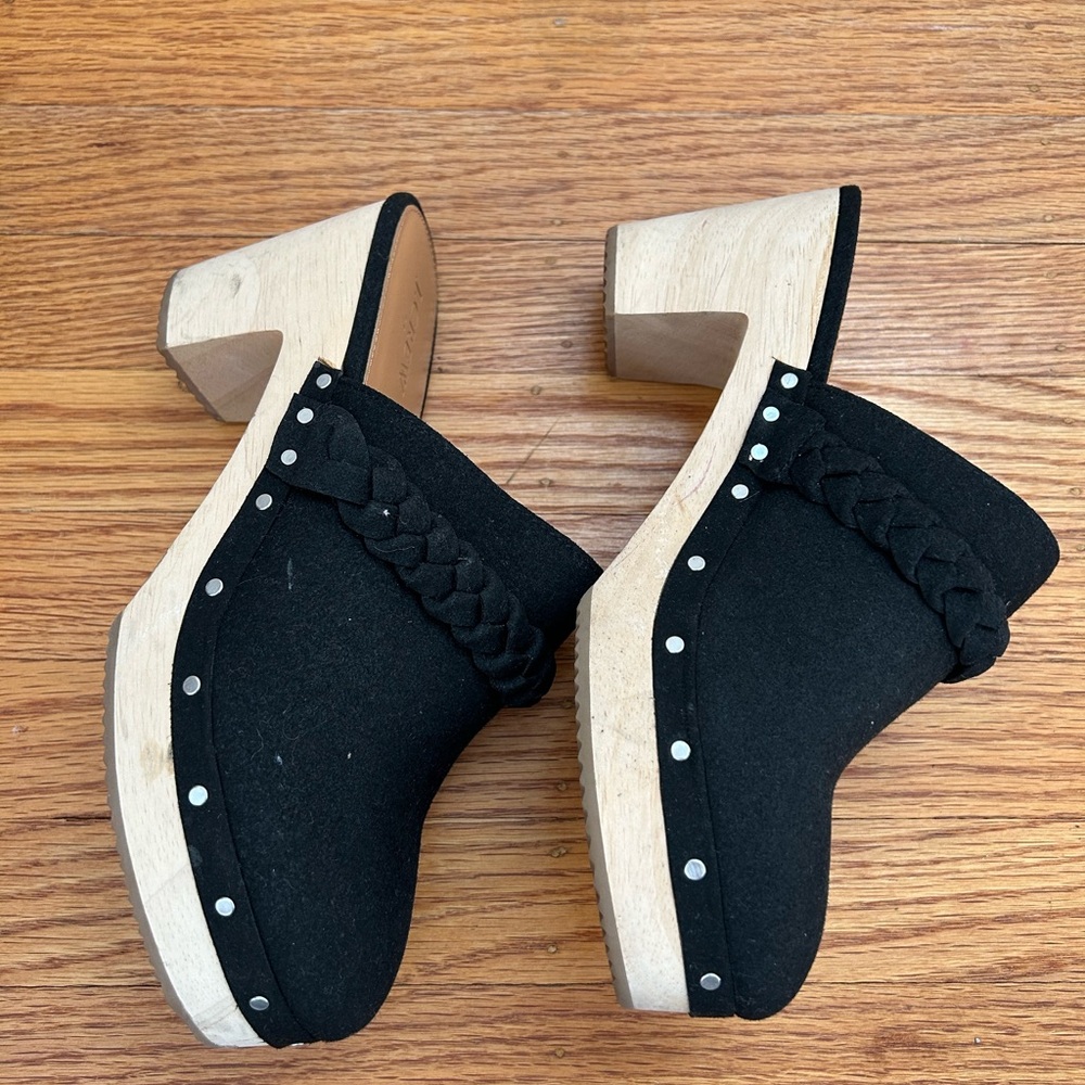 J CREW BLACK FAUX SUEDE BRAIDED CLOGS WITH WOOD HEEL SIZE 8.5
